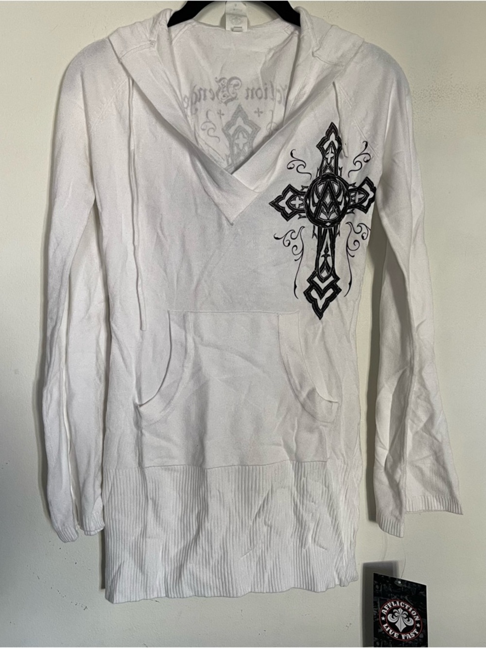 Affliction Live Fast Womens Small White Hooded Sweater Dress Cross New Y2K T9